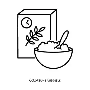 Image à colorier d’une boîte de céréales et de céréales dans un bol avec du lait