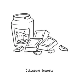 Image à colorier d'un morceau de chocolat à côté d'un pot de lait
