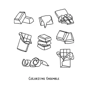 Image à colorier de plusieurs barres et morceaux de chocolat