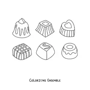 Image à colorier de plusieurs bonbons au chocolat
