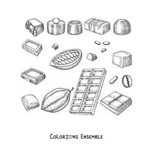 Image à colorier de plusieurs morceaux de chocolat et de cacao