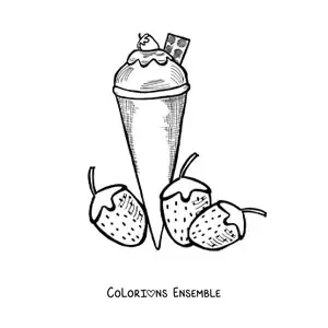 Image à colorier d'une glace en cornet à côté de deux fraises