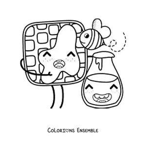 Image à colorier d'une gaufre animée kawaii avec un pot de miel et une abeille