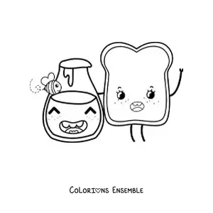 Image à colorier d'une tartine animée kawaii avec un pot de miel et une abeille