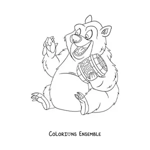 Image à colorier d'un ours animé en train de manger du miel
