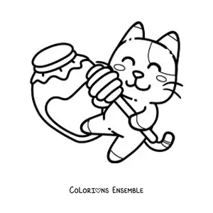 Image à colorier d'un chat animé avec un pot de miel