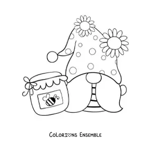 Image à colorier d'un gnome kawaii avec un pot de miel