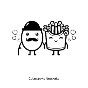 Image à colorier d'un couple formé par une pomme de terre à moustache et des frites animées