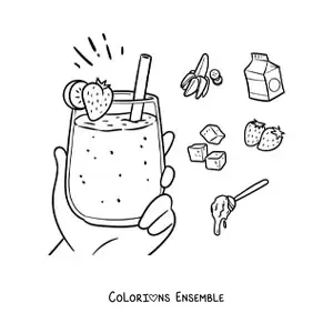 Image à colorier d'une main tenant un smoothie à la fraise entouré de ses ingrédients