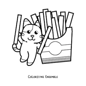 Image à colorier d'un chat animé qui joue avec des frites