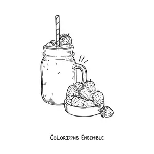 Image à colorier d'un pichet de milkshake à la fraise à côté de plusieurs fraises