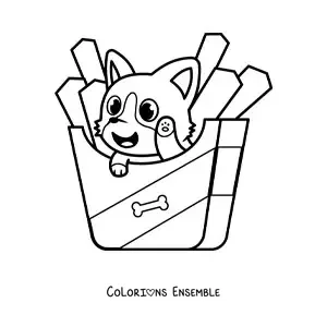 Image à colorier d'un chien kawaii animé installé dans un paquet de frites