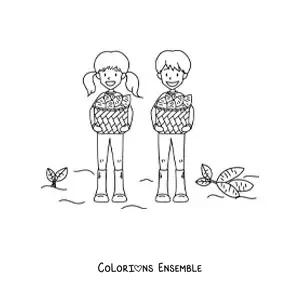Image à colorier de deux enfants en train de récolter des pommes de terre
