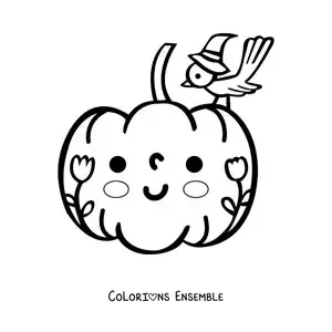 Image à colorier d'une citrouille kawaii avec des fleurs et un oiseau