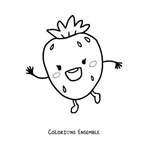 Image à colorier d'une fraise kawaii rigolote qui salue joyeusement