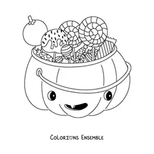 Image à colorier d'une citrouille animée avec des bonbons