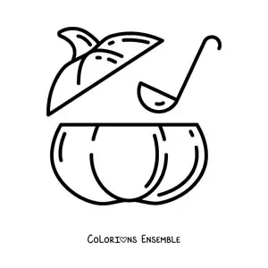 Image à colorier d'une louche qui sert de la soupe depuis l'intérieur d'une citrouille