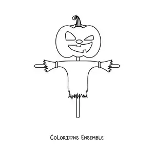 Image à colorier d'un épouvantail avec une tête de citrouille terrifiante
