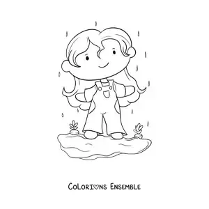 Image à colorier d'une fille dans un potager de carottes