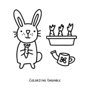 Image à colorier d'un lapin kawaii à côté d'un potager de carottes