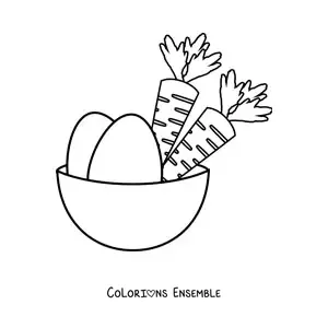 Image à colorier de deux carottes dans un panier à côté de deux œufs