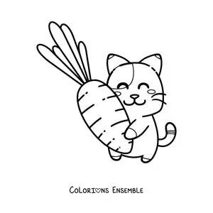 Image à colorier d'un chat kawaii animé qui serre une carotte dans ses bras