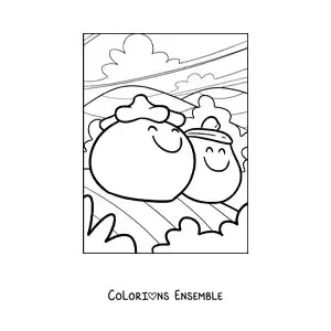 Image à colorier d’une tomate animée à côté d’une aubergine animée