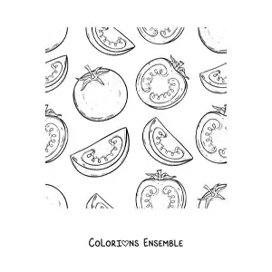 Image à colorier de plusieurs tomates et morceaux de tomate