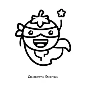 Image à colorier d’une tomate animée habillée en super-héros