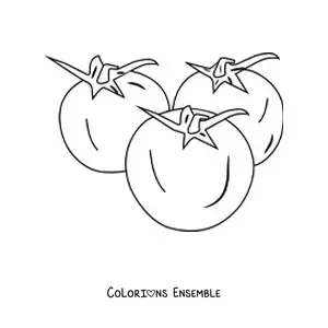Image à colorier de trois petites tomates avec leurs feuilles