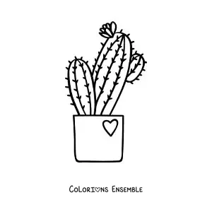 Image à colorier d’un cactus avec une fleur dans un pot orné d’un cœur