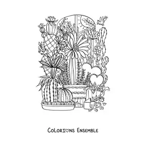 Image à colorier de plusieurs cactus dans des pots avec des fleurs et des cœurs