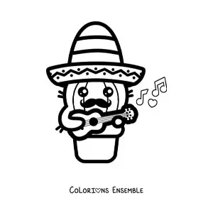 Image à colorier d’un cactus kawaii avec un sombrero mexicain