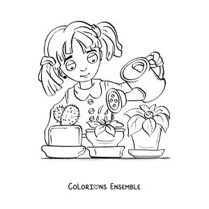 Image à colorier d’une fille en train d’arroser un cactus
