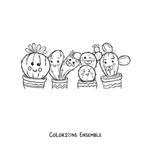 Image à colorier de quatre cactus kawaii animés