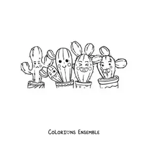Image à colorier de plusieurs cactus kawaii animés