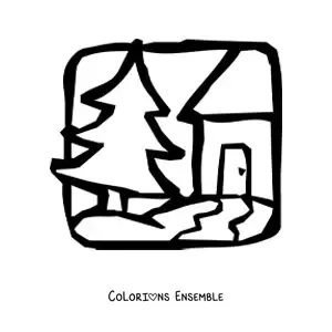Image à colorier d’une maison et d’un grand pin