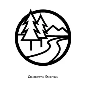 Image à colorier d’une montagne avec une rivière et des pins