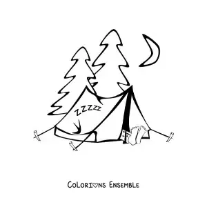 Image à colorier d’un campement dans une forêt de pins