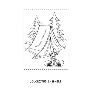 Image à colorier d’une tente et d’un feu de camp dans une forêt de pins