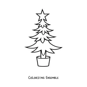 Image à colorier d’un pin décoré d’une étoile dans un pot