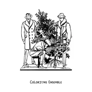 Image à colorier de trois hommes abattant un pin