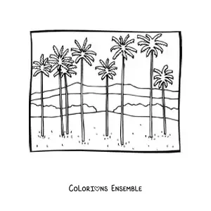 Image à colorier d’un paysage avec des montagnes et des palmiers