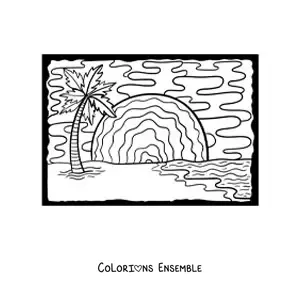 Image à colorier d’un coucher de soleil sur la plage avec un palmier