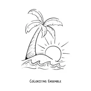 Image à colorier d’un palmier et du soleil sur la plage