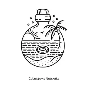 Image à colorier d’une bouteille contenant un paysage marin avec un palmier