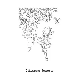 Image à colorier d’une fille et d’un garçon près d’un cerisier