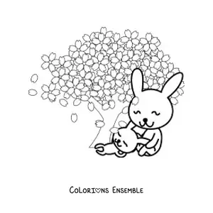 Image à colorier de deux lapins animés près d’un cerisier