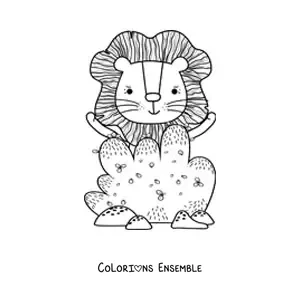 Image à colorier d’un buisson et d’un lion animé