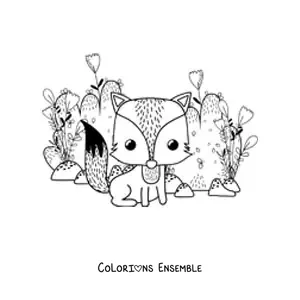 Image à colorier d’un buisson et d’un renard animé